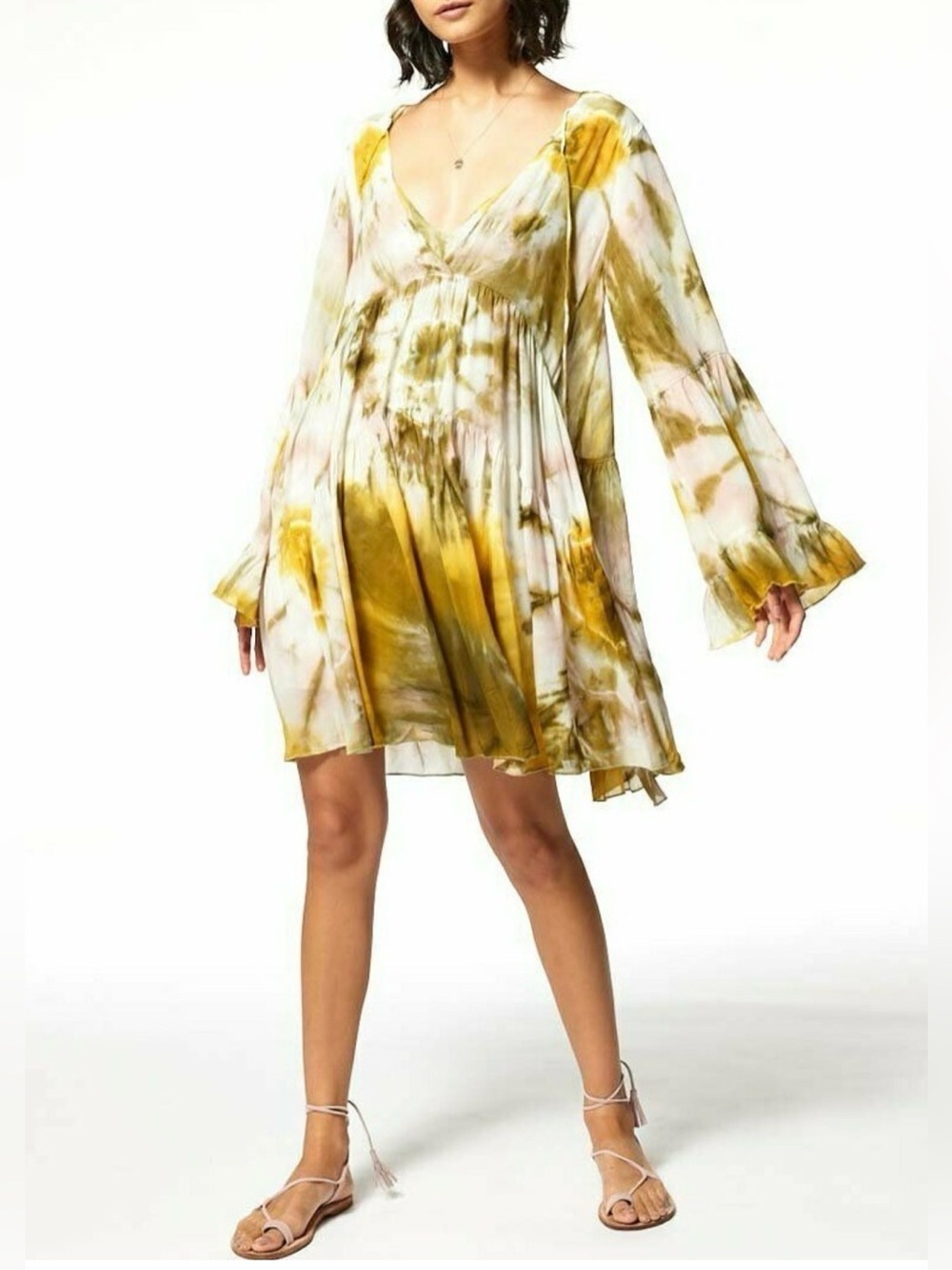 Young Fabulous & Broke Boho Tie-Dye V-Neck Tiered Mini Dress Summer Festival